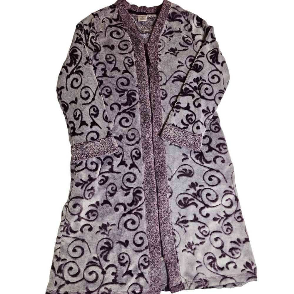 Croft & Barrow Purple Scroll Faux Fur Zip Front Robe Women Medium Plush Fleece
